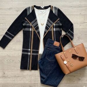 Charter Club Petite Black Plaid Open Front Cardigan Sweater - P/XL